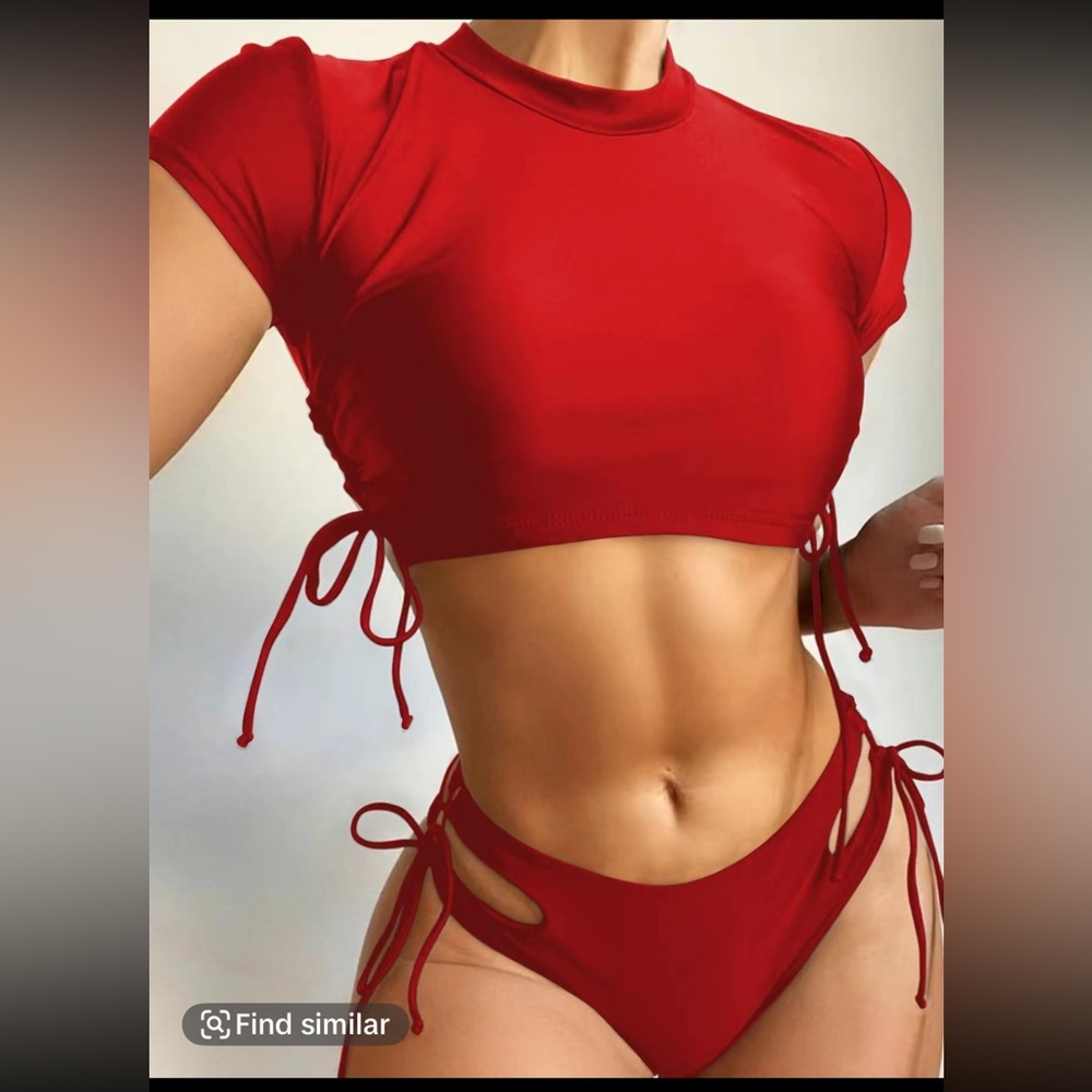 Red short sleeve bikini swimsuit